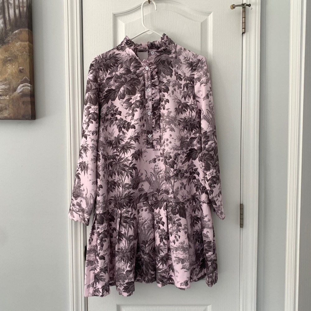 Pink Toile de Jouy Ruffle Neck Drop Waist Mini Dress Long Sleeve Menswear Grey M